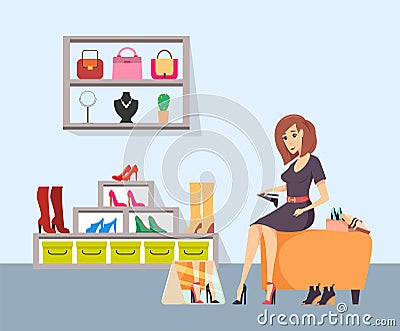 Female Shopaholic Trying on Shoes at Store Vector Vector Illustration