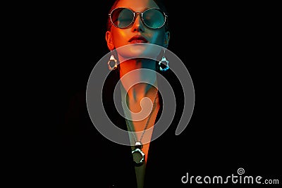 Female silhouette, beautiful woman in color lights Stock Photo