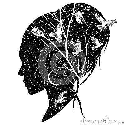 Female silhouette with birds Vector Illustration