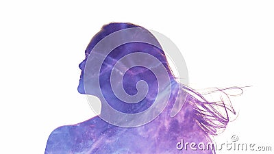 Female silhouette energy purple blue mist woman Stock Photo