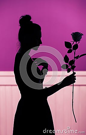 Female silhouette holding the rose Stock Photo