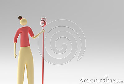 Female singer Cartoon in front of a Vintage Microphone 3D Render Design Stock Photo