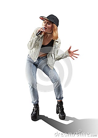 Female singer performing isolated on white Stock Photo