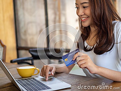 Female sitting in a coffee shop, transferring money, shopping by credit card through the app, via notebook Convenient and fast Stock Photo