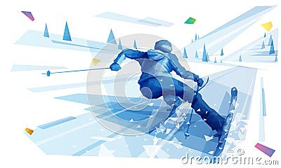 Female skier riding the slope at the hight speed in mountain landscape Vector Illustration