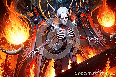 female skull and skeleton in flames with Generative AI technology Stock Photo