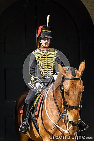 Female soldier of King`s Troop Royal Horse Artillery on mounted guard duty Editorial Stock Photo