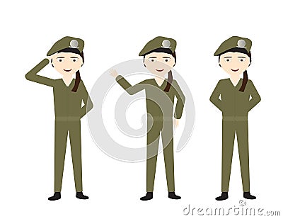 Female soldiers with green uniform and different poses - Stand, Hello, Salute Vector Illustration