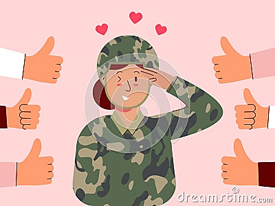 Female soldiers salute and feel good to be appreciated. Vector Illustration