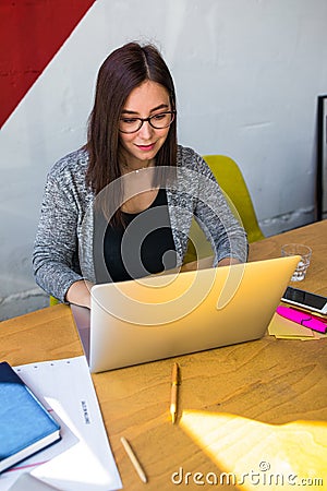 Female in spectacles clever freelance copywriter creating advertiser article on pc laptop computer Stock Photo