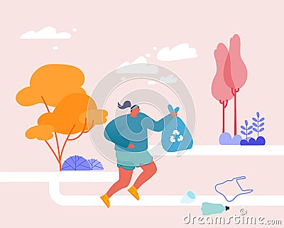 Female Sports Character Plogging Concept. Running Woman Pick Up Garbage to Bag for Recycling Vector Illustration