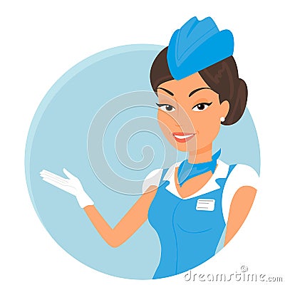 Female stewardess wearing blue suit. Round icon Vector Illustration