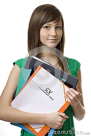 Female student with briefcase CV, curriculum vitae Stock Photo