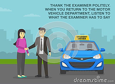 Female student driver passed practical driving test. Examiner congratulates and shaking driver`s hand. Vector Illustration