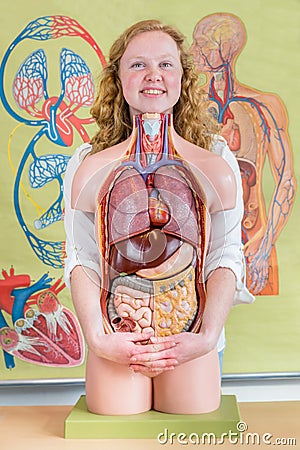 Female student embracing model of human body with organs Stock Photo