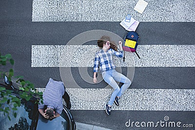 Female student hit by a car Stock Photo
