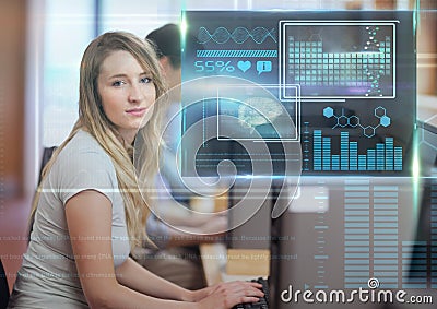Female Student studying with computer and science education interface graphics overlay Stock Photo