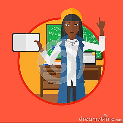 Female student using tablet computer in classroom. Vector Illustration