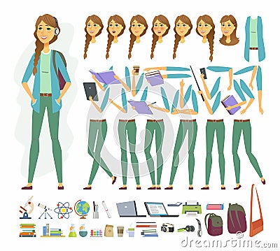 Female student - vector cartoon people character constructor Vector Illustration