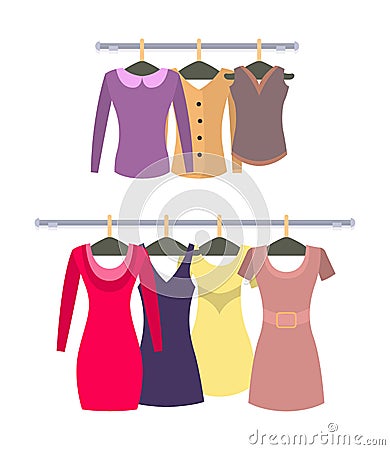 Female Stylish Tops and Dresses Hang on Racks Set Vector Illustration