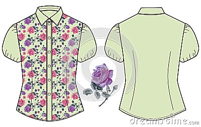 Female summer blouse mint color fabric roses. Women's retro romantic short-sleeved shirt style shabby chic, bo Vector Illustration