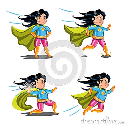 Female superhero action poses collection. Vector Illustration