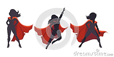 Female Superhero Characters Posing Silhouettes Cartoon Illustration