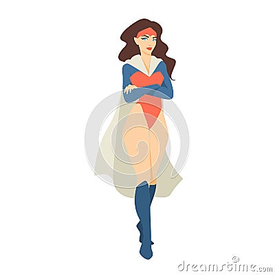 Female superhero or superheroine standing with crossed arms. Beautiful brunette woman wearing bodysuit and cape. Strong Vector Illustration