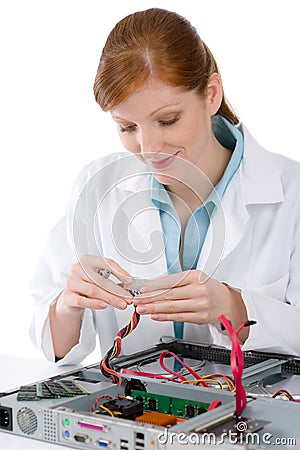 Female support computer engineer - woman repair Stock Photo