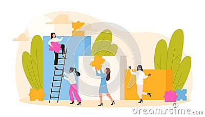 Female support and leadership, tiny woman climbing up ladder with help of women employees Vector Illustration