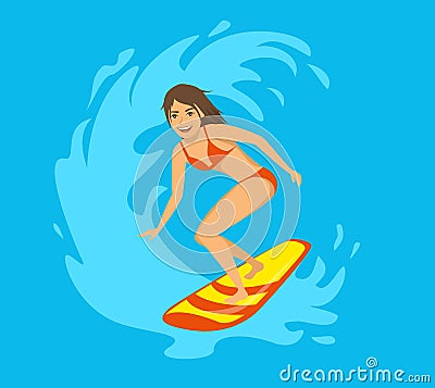 Female surfer riding a wave Vector Illustration