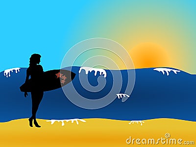 Female surfer silhouette on the beach Vector Illustration