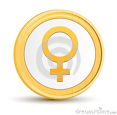 Female symbol icon gold round button golden coin shiny frame luxury concept abstract illustration on white background Cartoon Illustration