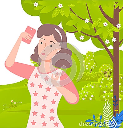 Woman on Nature Posing Female Taking Selfie Vector Vector Illustration