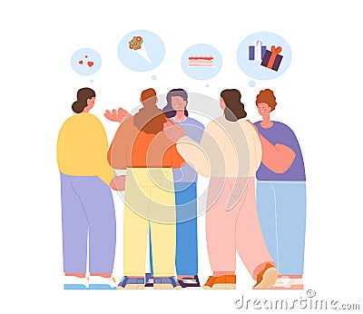 Female talk about cooking, flowers, gifts and relationships. Women group discuss problems. Housewives together Vector Illustration