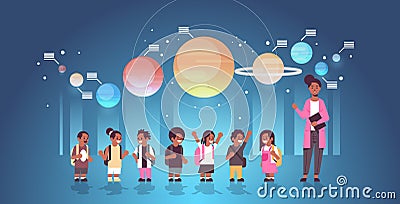 Female teacher with african american schoolchildren in observatory solar system exploration school trip excursion to Vector Illustration