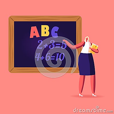 Female Teacher Character with Pointer Explain Abc and Mathematics Lesson at Blackboard with Tasks Written with Chalk Vector Illustration