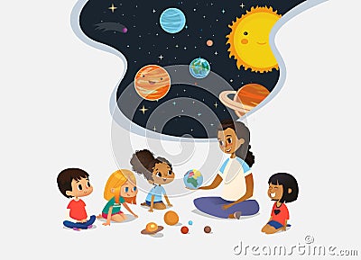 Female teacher demonstrates Earth model to children and tells them about universe children sit on floor in circle and Vector Illustration