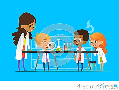 Female teacher demonstrates plant in flask, kids look through magnifier at it during botany lesson. Preschool Vector Illustration