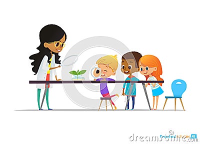 Female teacher demonstrates plant in flask, kids look through magnifier at it during botany lesson. Preschool Vector Illustration