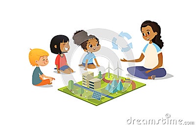 Female teacher discusses ecology Green-city using model landscape, children sit on floor in circle and listen to her Vector Illustration