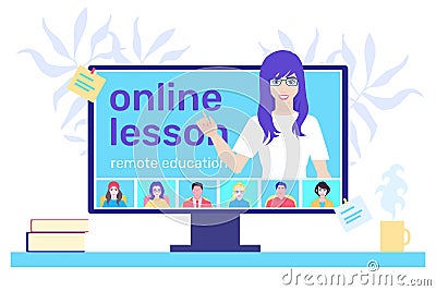 A female teacher leads an online course on a computer. Distance lessons for school pupils or university students. Video course, Vector Illustration