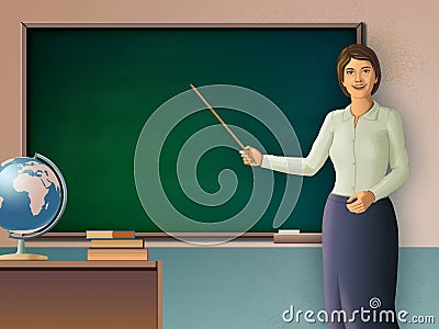 Female teacher pointing to a blackboard Cartoon Illustration