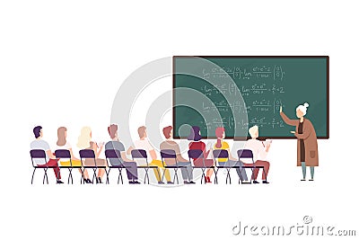 Female Teacher Professor Standing in Front of Blackboard Teaching Students in Classroom, University, College, High Vector Illustration