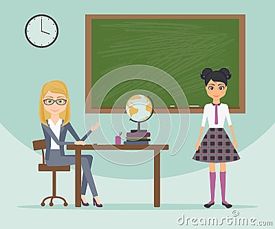 Female teacher and schoolgirl in school uniform. Cartoon vector flat illustration. Educator examines the student Vector Illustration