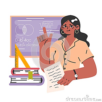 Female teacher standing by blackboard. Smiling professor in the classroom. Vector Illustration