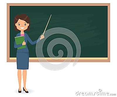 Female teacher standing near of blank school blackboard Vector Illustration