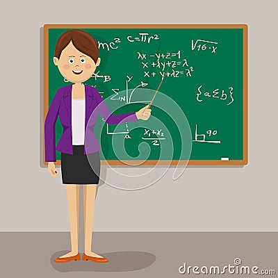 Female teacher standing with pointer next to blackboard in classroom Vector Illustration