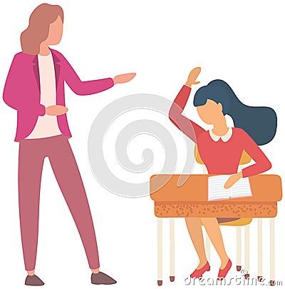 Girl kid sitting at desk and writing in exercise book. Teacher helping schoolgirl with homework Vector Illustration