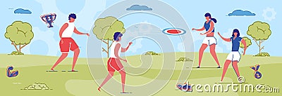 Female Team Exercising with Frisbee on Park Lawn Vector Illustration